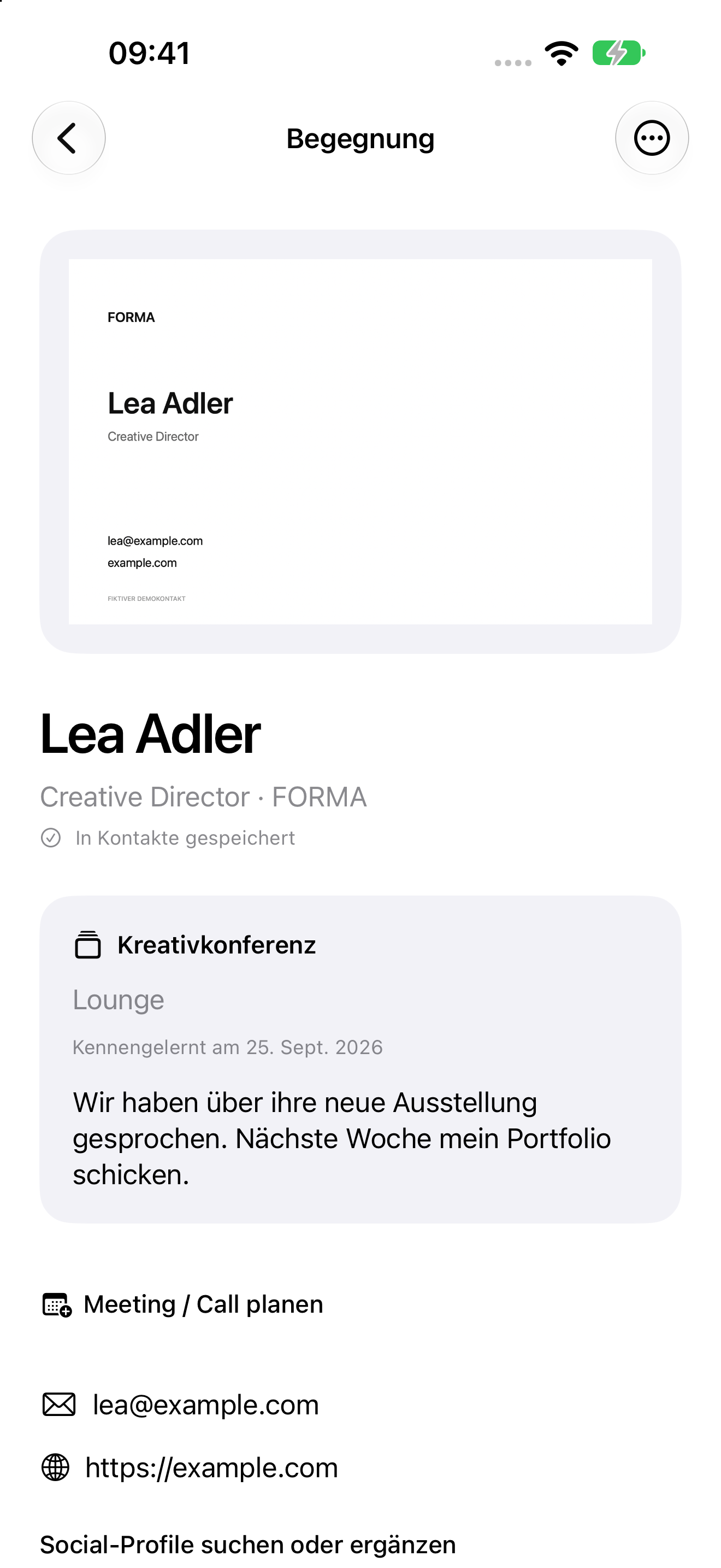 Die Karte. Und der Kontext. Original, Kontaktdaten und persönliche Notiz an einem Ort.