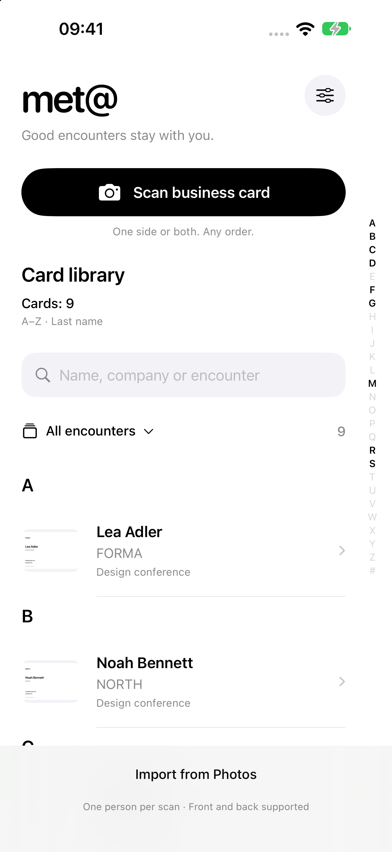 The metat library with saved business cards and custom lists. Fictional sample data.