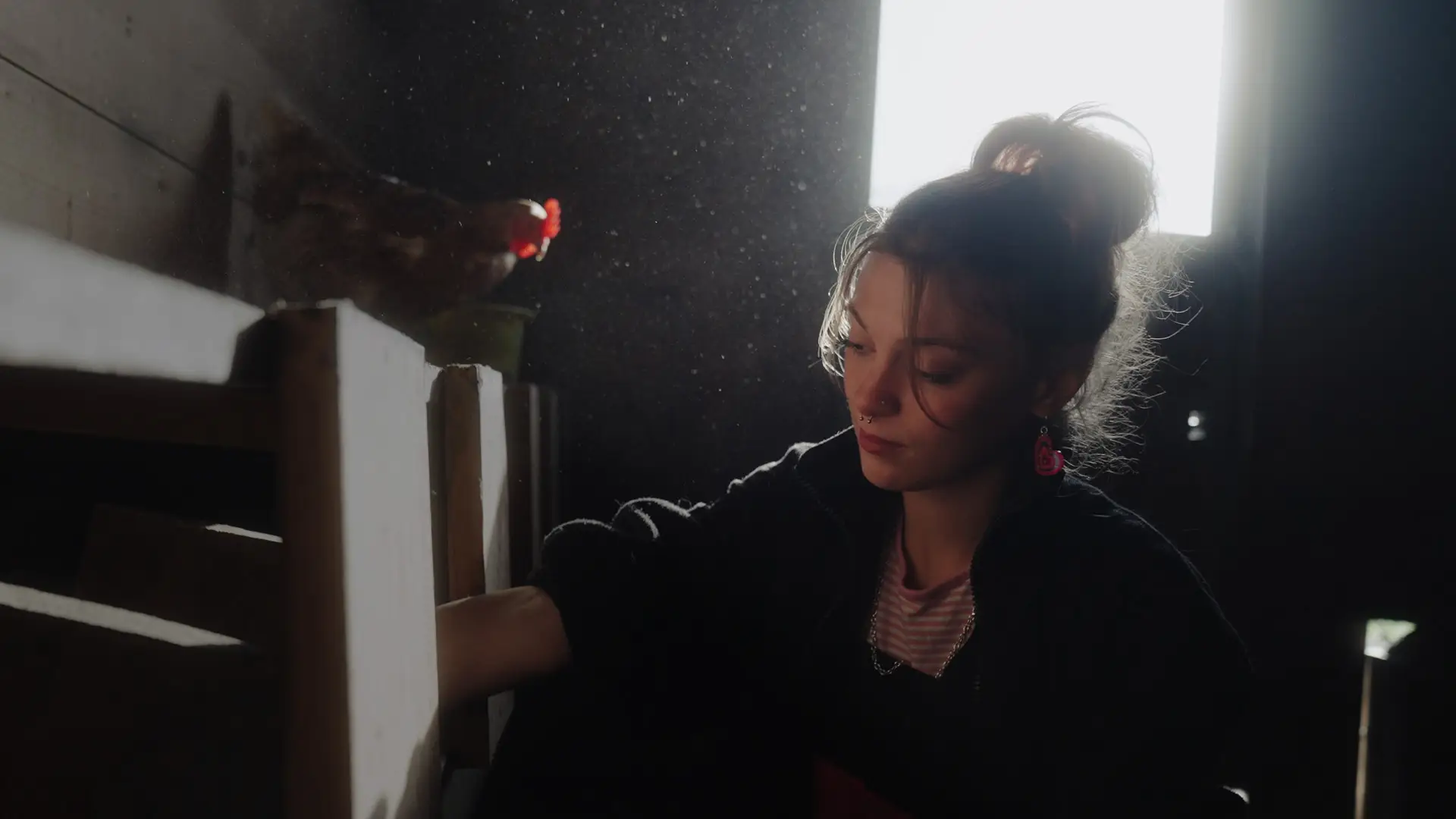 Junge Frau arbeitet in einem dunklen Innenraum, Gegenlicht durch ein Fenster, Staubpartikel in der Luft, Huhn im Hintergrund.