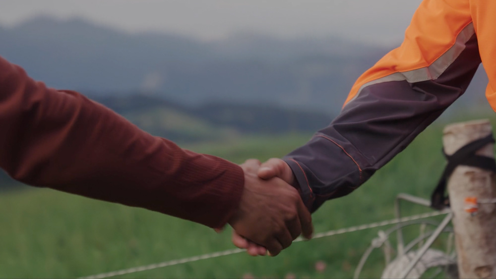 Zwei Personen reichen sich die Hand in alpiner Umgebung – Symbol für Zusammenarbeit im Recruitingprojekt Projekt Alp